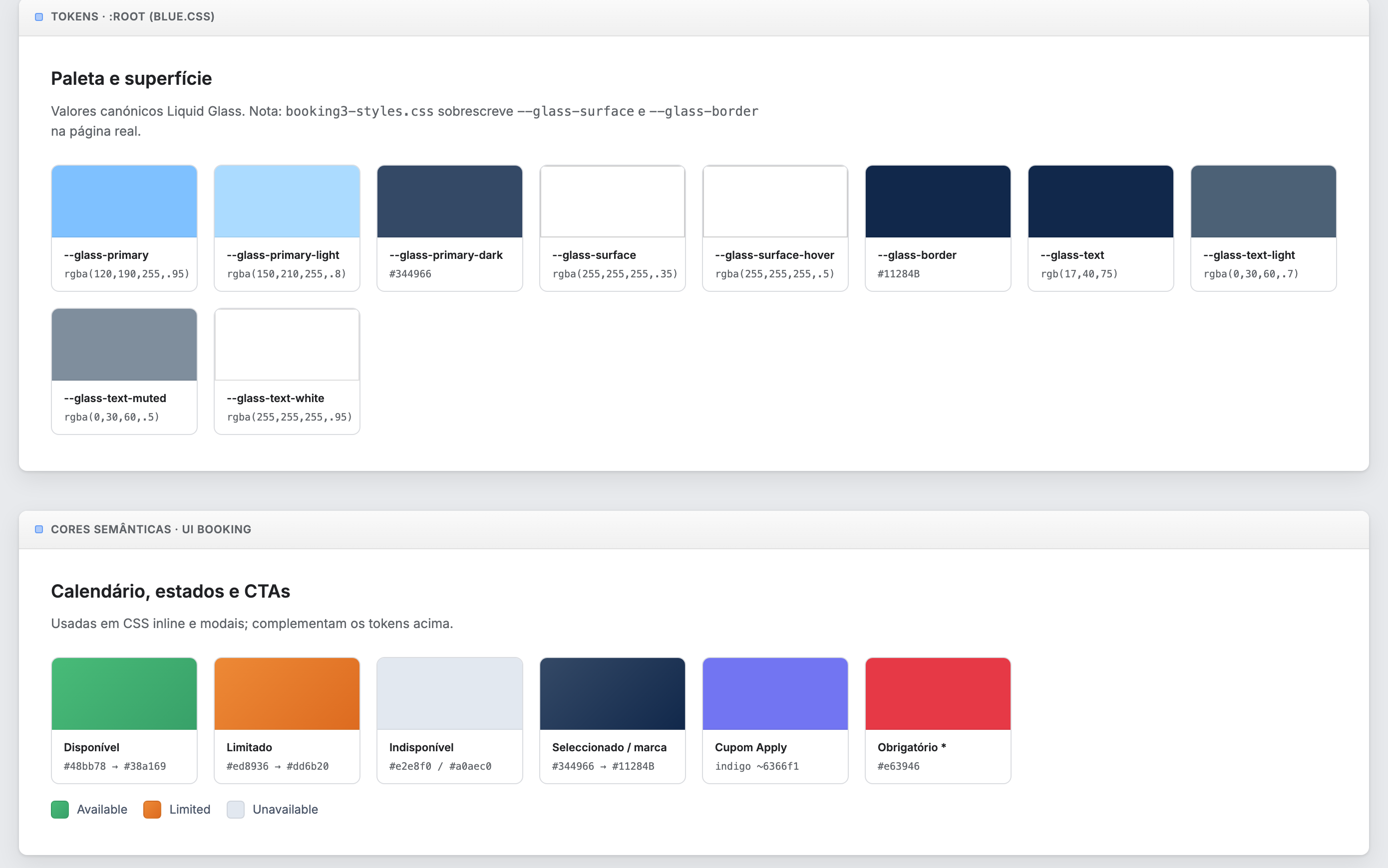 Painel do design system exibindo tokens de cor e paleta semântica de reservas