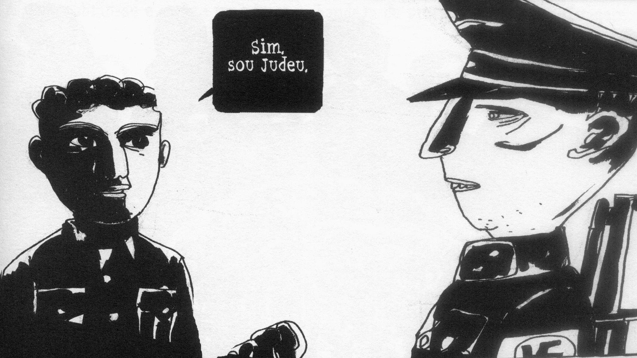 Página dupla de Kaputt: cena dramática de guerra com traço denso a nanquim e mancha expressionista
