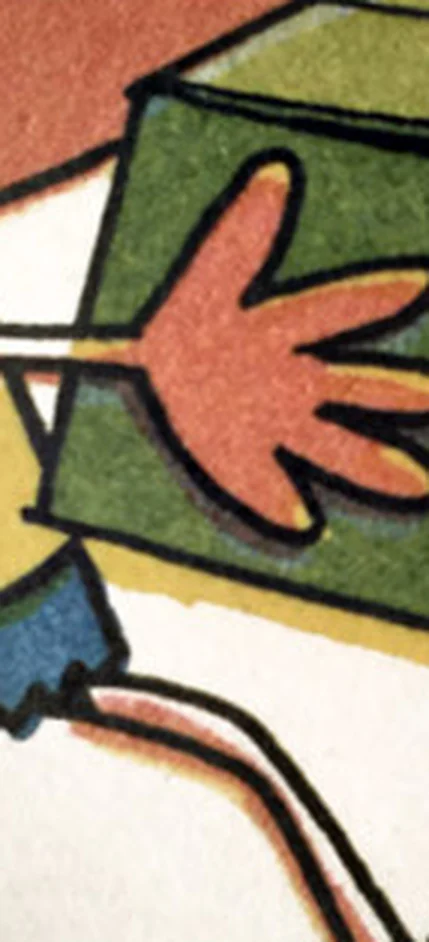 Detalhe impresso nos anos 60: uma mão laranja sobre uma caixa verde, com a cor deslocada para fora do contorno