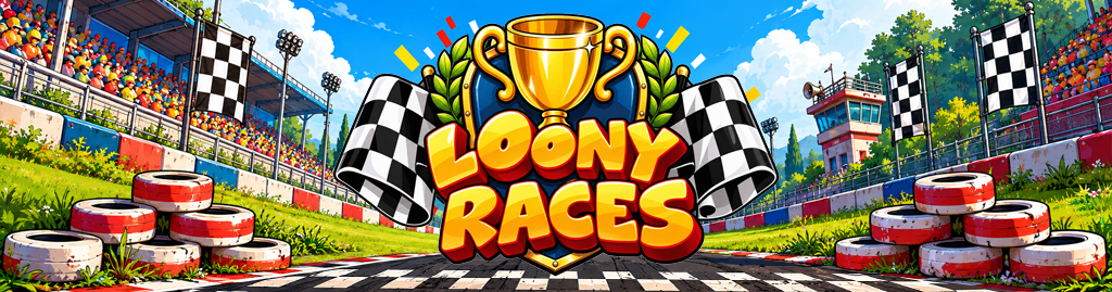 Logo Loony Races sobre circuito de corrida com troféu dourado, arquibancadas com público e bandeiras quadriculadas