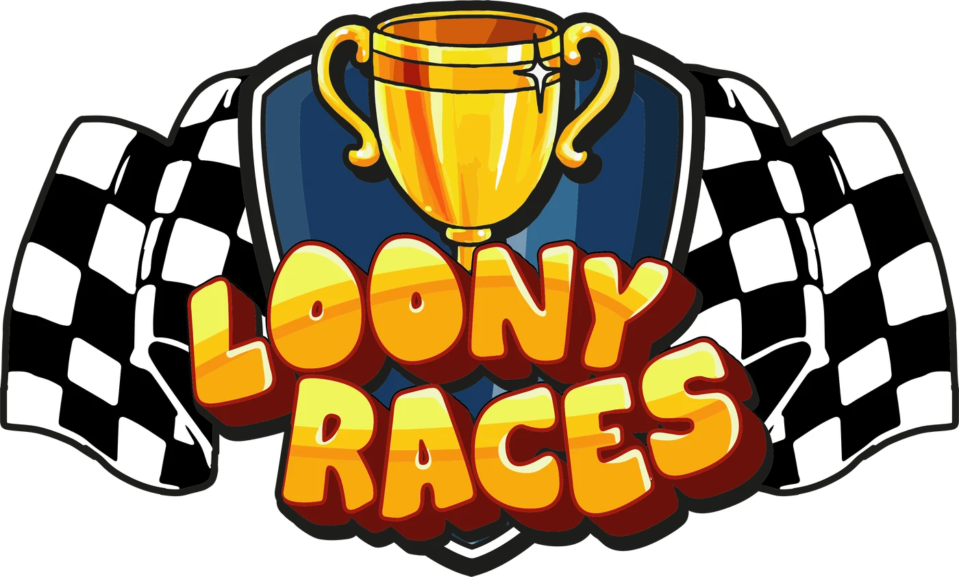 Logo Loony Races: troféu dourado sobre escudo azul, bandeiras quadriculadas e o nome em letras infladas amarelas e laranja