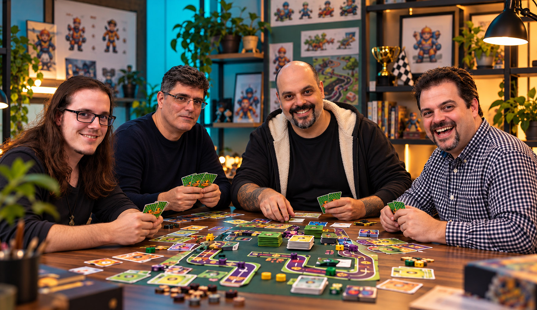 Foto de uma partida real de Loony Races com os criadores e jogadores ao redor da mesa, testando os trechos de pista modulares com curvas, lama e gelo, cartas de ação e miniaturas de carros