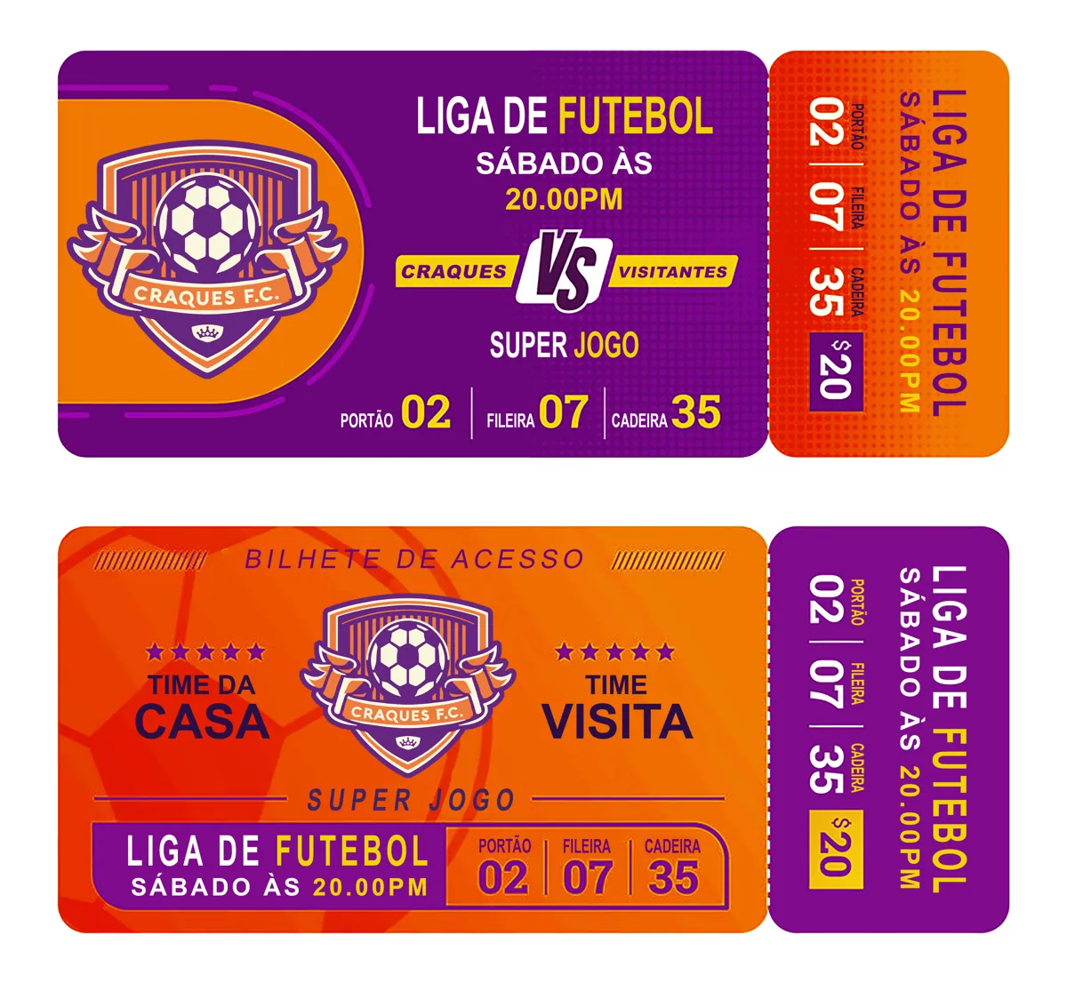 Dois ingressos roxos e laranja da Liga de Futebol, Craques F.C. contra visitantes