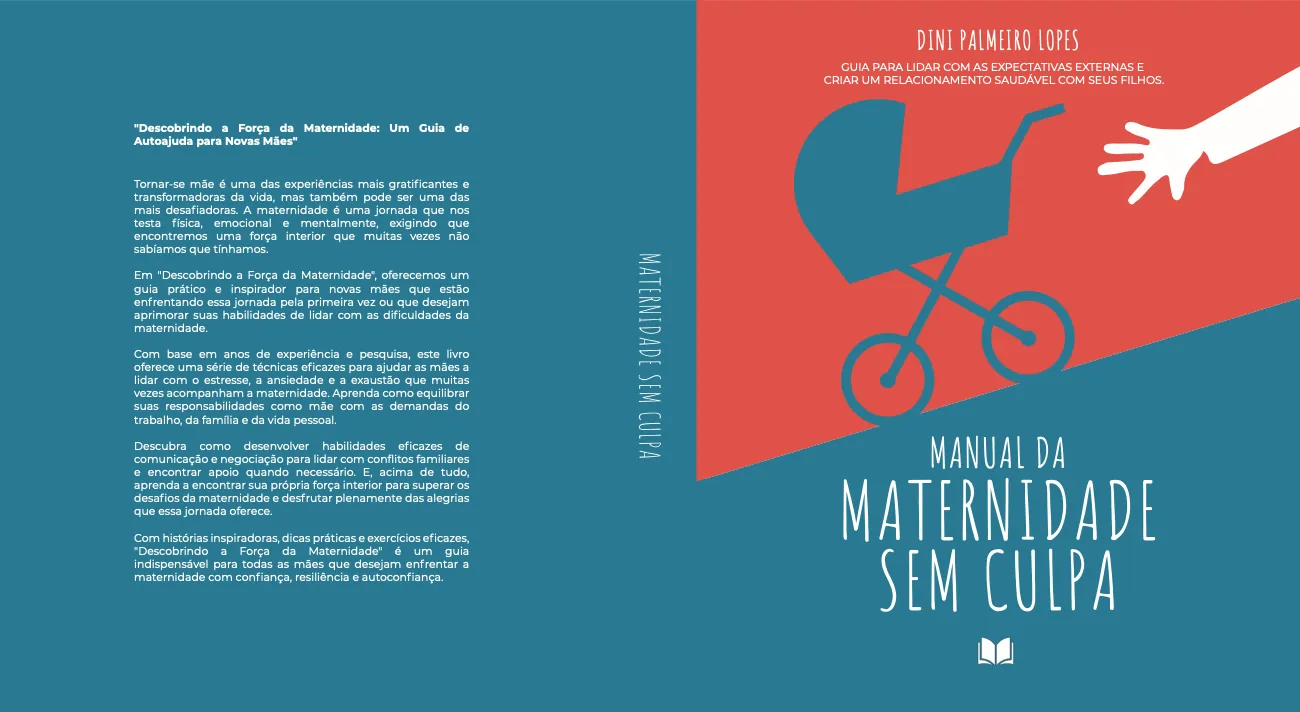 Capa aberta de livro azul e vermelho com carrinho de bebê: Manual da maternidade sem culpa