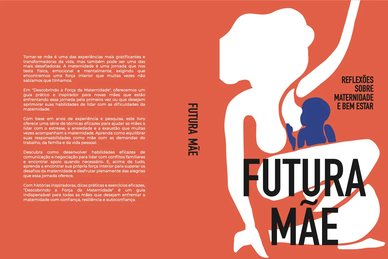 Capa aberta de livro laranja com silhueta de mãe e bebê: Futura mãe