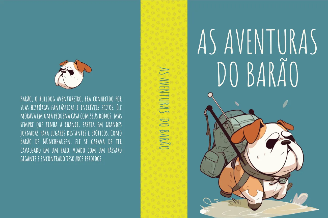 Capa aberta de livro infantil com um buldogue de mochila: As aventuras do Barão