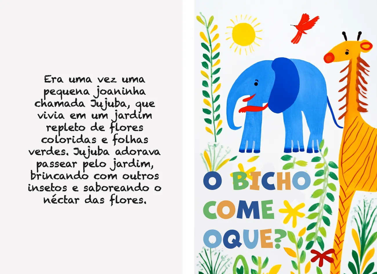 Capa aberta de livro infantil com elefante azul e girafa: O bicho come o quê?