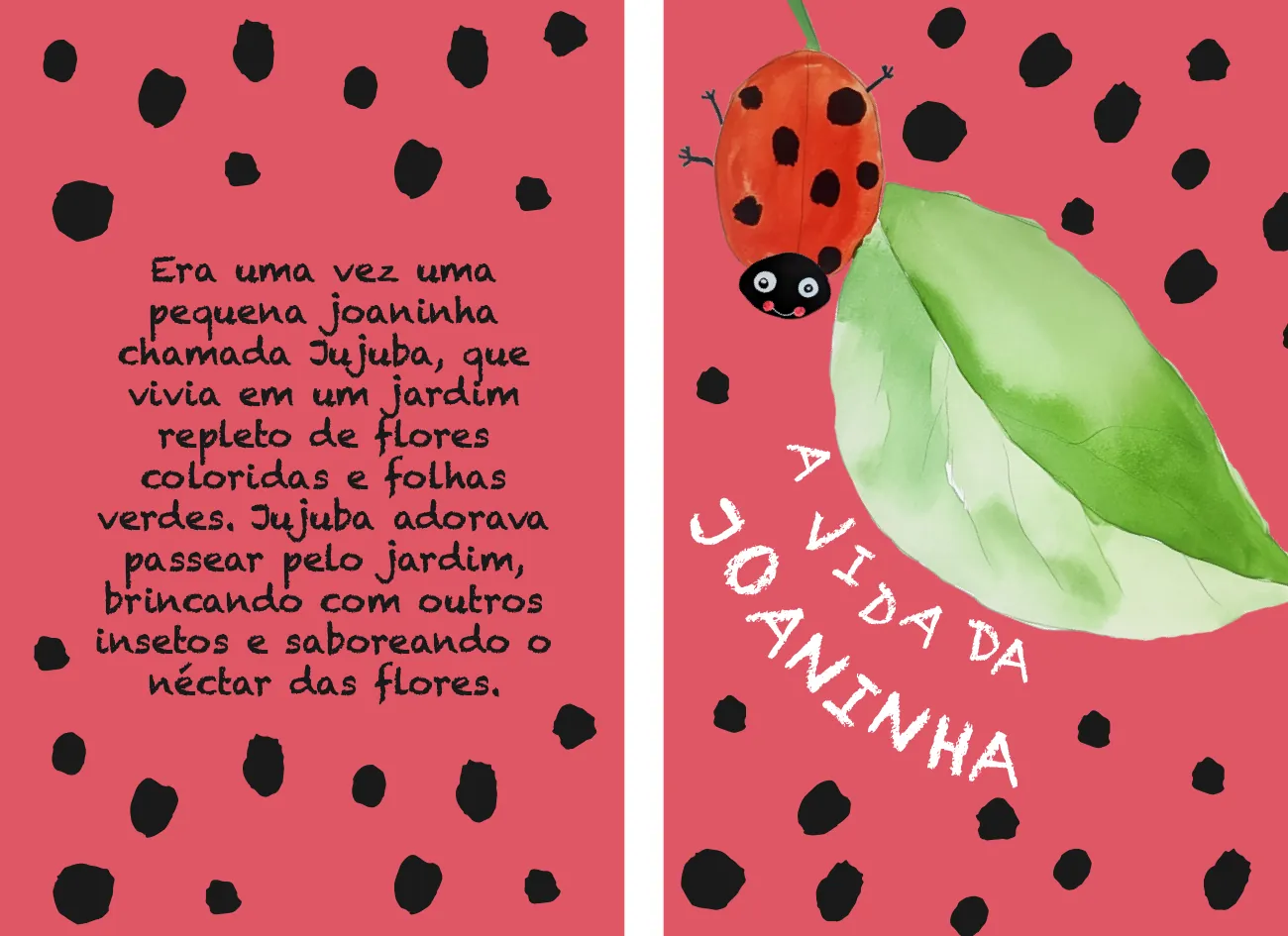 Capa aberta de livro infantil vermelho com joaninha numa folha: A vida da joaninha