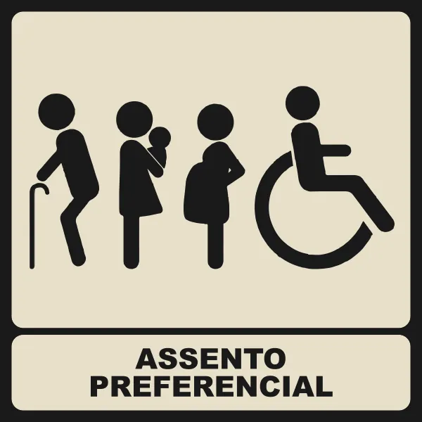 Aviso quadrado com idoso, gestante, criança de colo e cadeirante: Assento preferencial