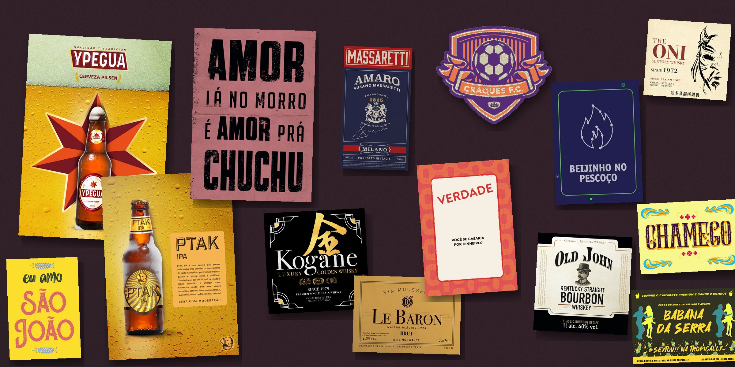 Montagem com artes finais sobre uma parede escura: cartazes das cervejas Ypegua e PTAK, lambe “Amor lá no morro é amor pra chuchu”, rótulos Kogane, Massaretti, Le Baron, Old John e The Oni, escudo do Craques F.C., cartas de Verdade e de Match nas Estrelas, letterings Chamego e Eu amo São João