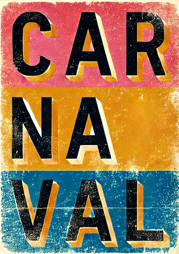 Cartaz com a palavra Carnaval em três linhas sobre faixas rosa, amarela e azul