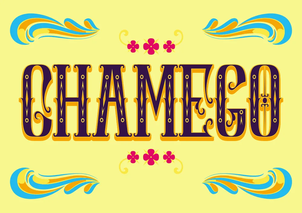 Lettering ornamentado Chamego sobre fundo amarelo