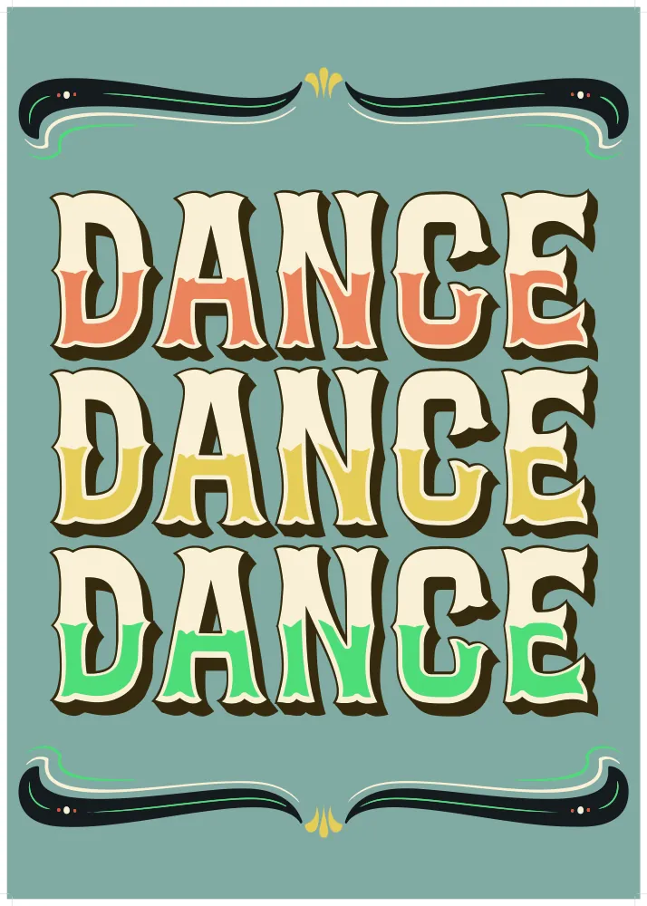 Lettering Dance dance dance em três linhas, sobre fundo verde-água