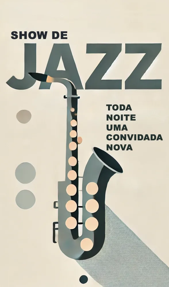 Pôster ilustrado com saxofone: Show de jazz toda noite