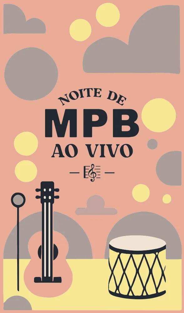 Pôster rosa com violão e tambor: Noite de MPB ao vivo
