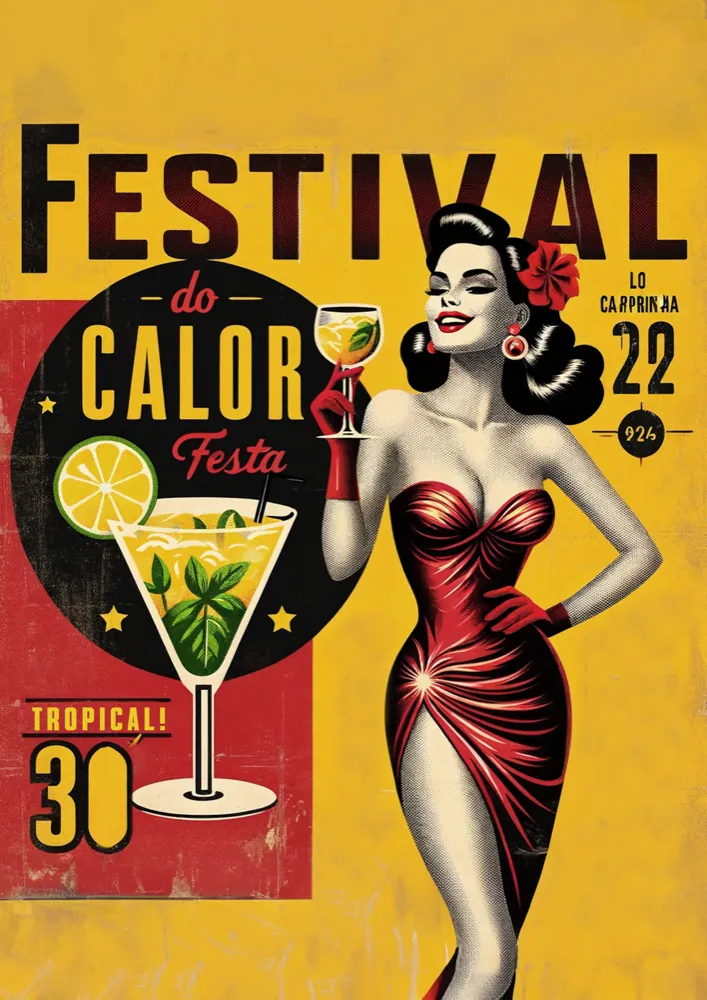 Pôster retrô amarelo com pin-up de vestido vermelho e coquetel: Festival do Calor