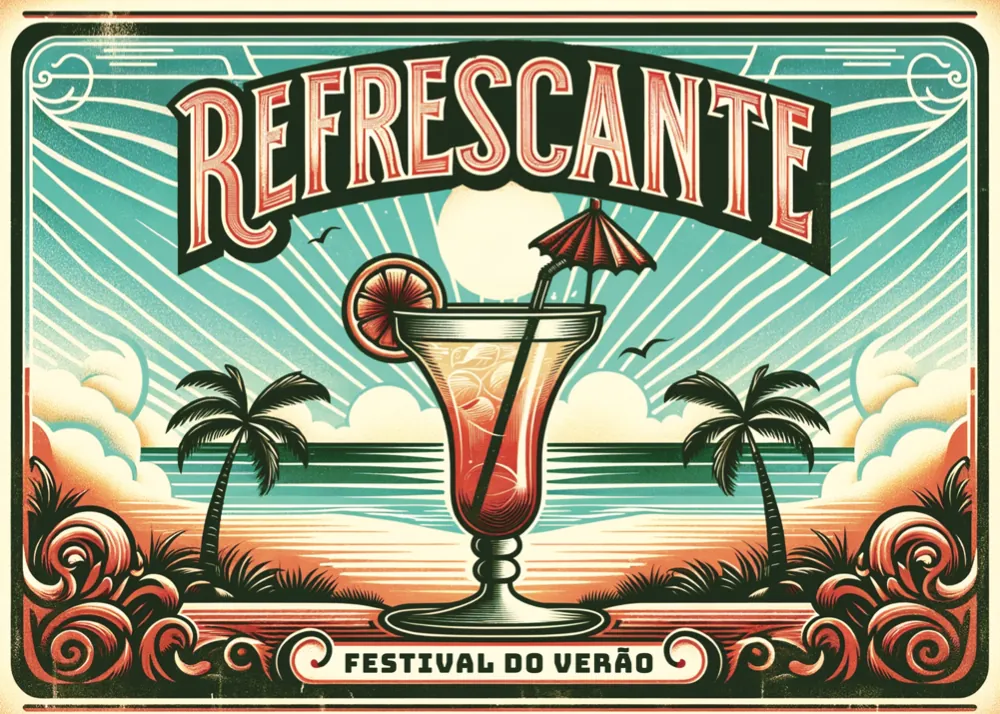Pôster retrô horizontal com drinque e praia: Refrescante