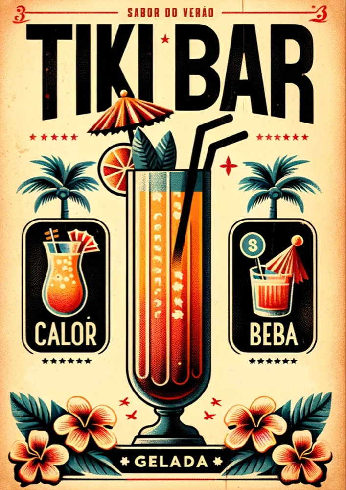 Pôster retrô Tiki Bar com drinque e palmeiras