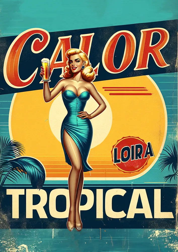 Pôster retrô com pin-up de maiô e cerveja: Calor, Loira Tropical