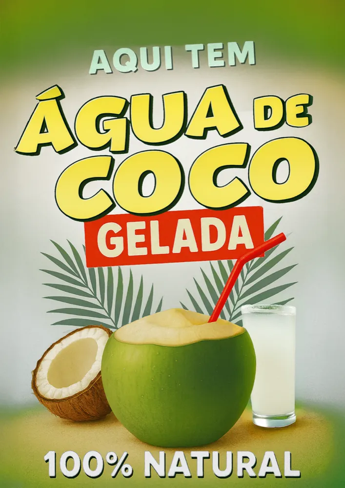 Cartaz verde: Aqui tem água de coco gelada, 100% natural