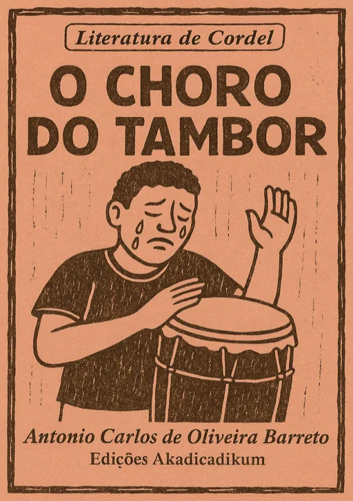 Capa de cordel em xilogravura: O choro do tambor, homem tocando tambor