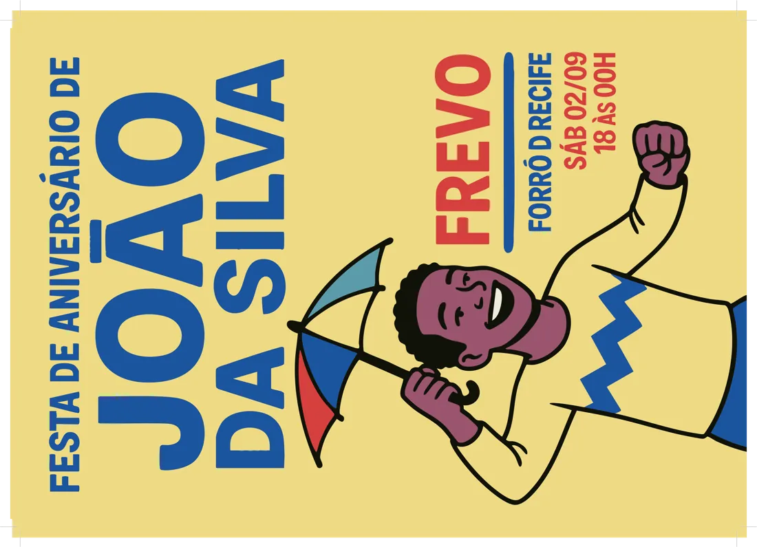 Cartaz horizontal amarelo com passista de frevo: Festa de aniversário de João da Silva