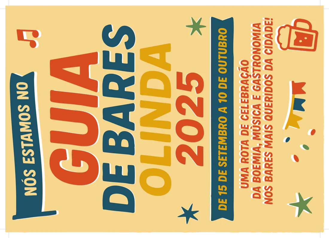 Cartaz horizontal: Nós estamos no Guia de bares Olinda 2025