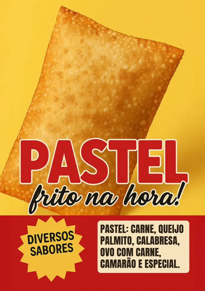 Cartaz amarelo e vermelho com um pastel: Pastel frito na hora