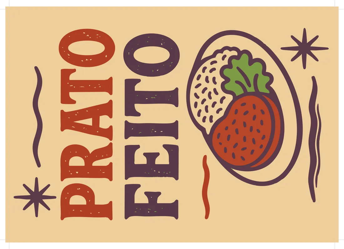 Cartaz horizontal: Prato feito, com morango ilustrado