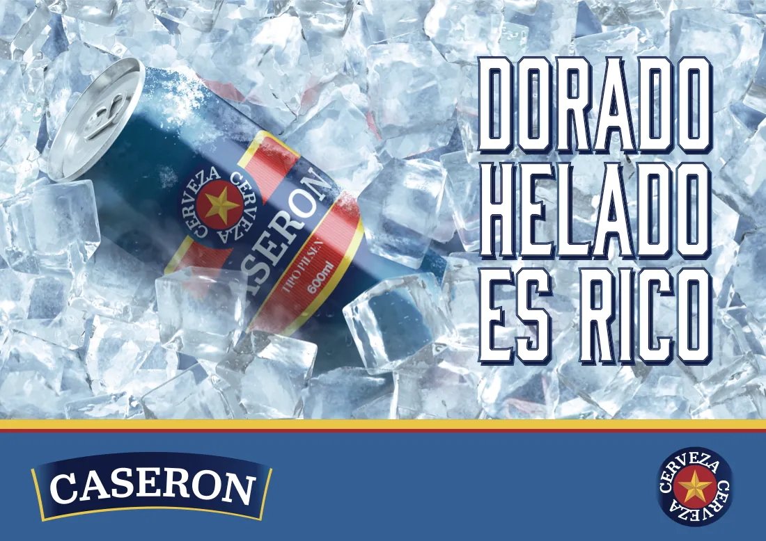 Cartaz horizontal da cerveja Caseron: lata no gelo e o slogan Dorado helado es rico