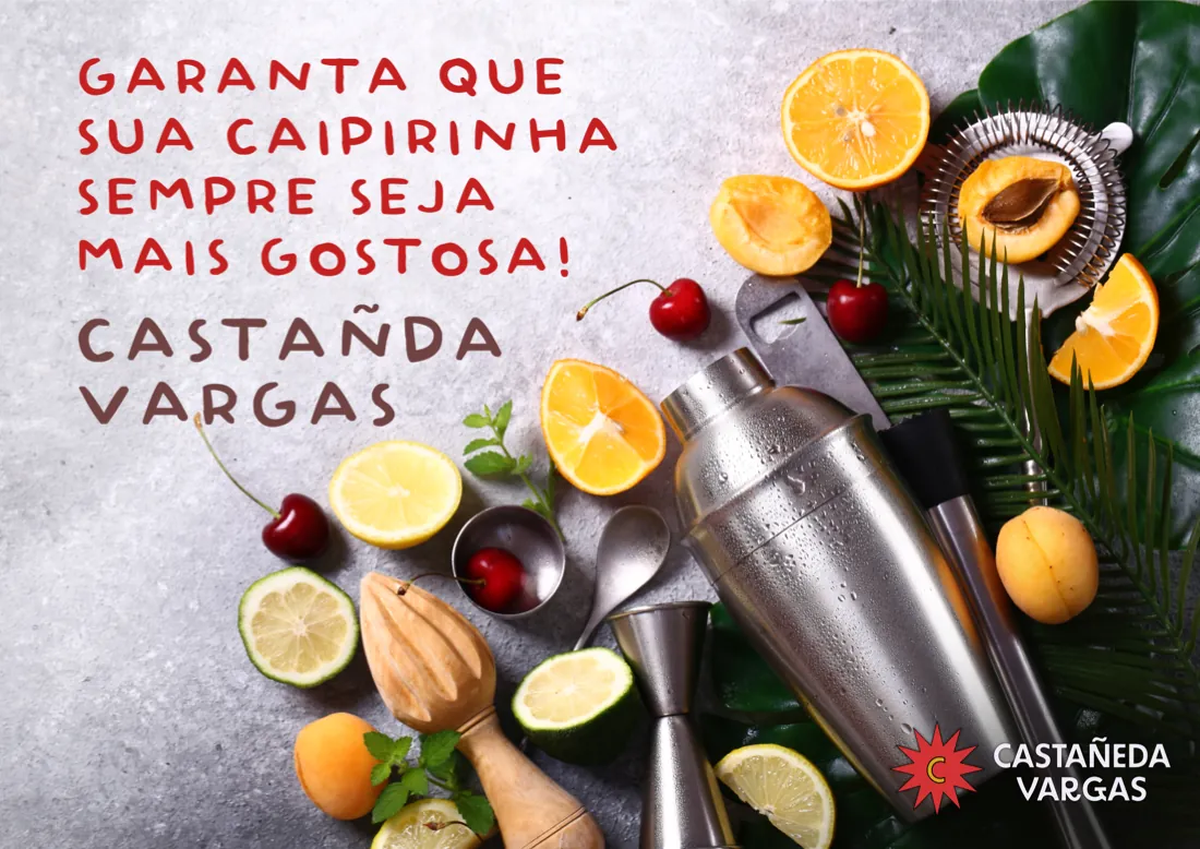 Cartaz horizontal da Castañeda Vargas: coqueteleira, limões e frutas cortadas
