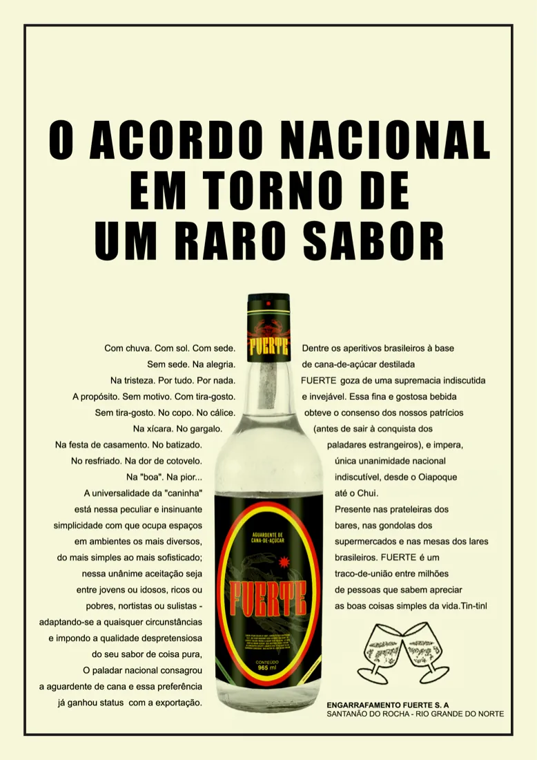 Cartaz de texto em duas colunas com uma garrafa no centro: O acordo nacional em torno de um raro sabor