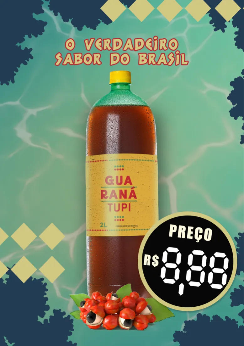Cartaz do Guaraná Tupi: garrafa de 2 litros, frutos de guaraná e selo de preço R$ 8,88