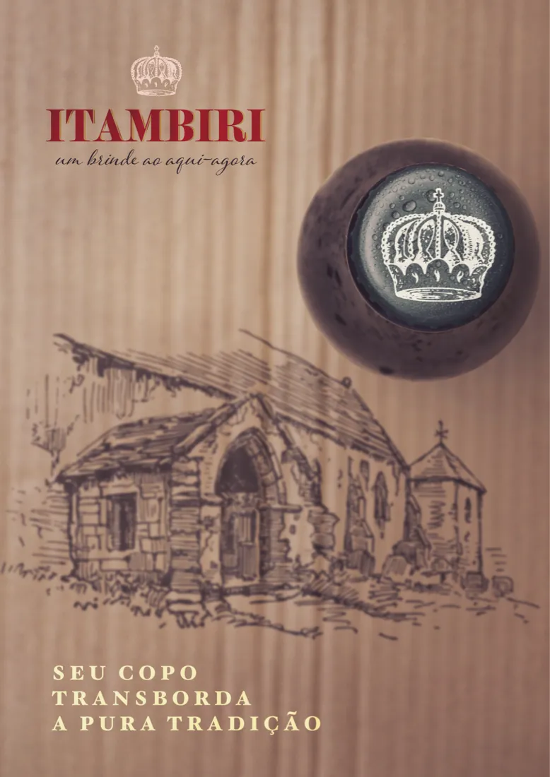 Cartaz da Itambiri sobre madeira, com igreja desenhada a traço e tampinha