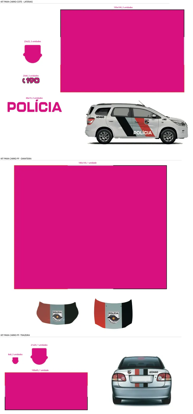 Prancha do kit da PM de São Paulo com faixas, numeração e fotos das viaturas; áreas de aplicação em magenta