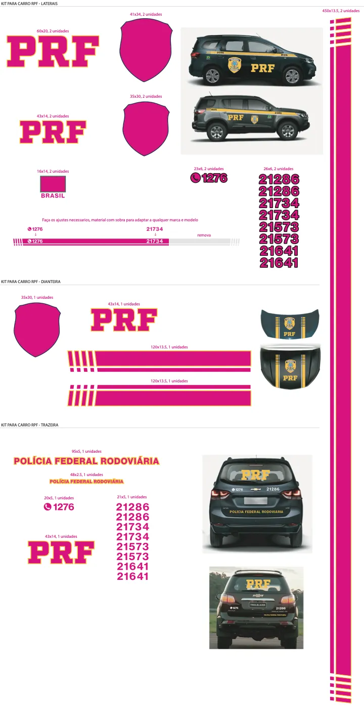 Prancha do kit da PRF com faixas, brasões e fotos de referência das viaturas; áreas de aplicação em magenta