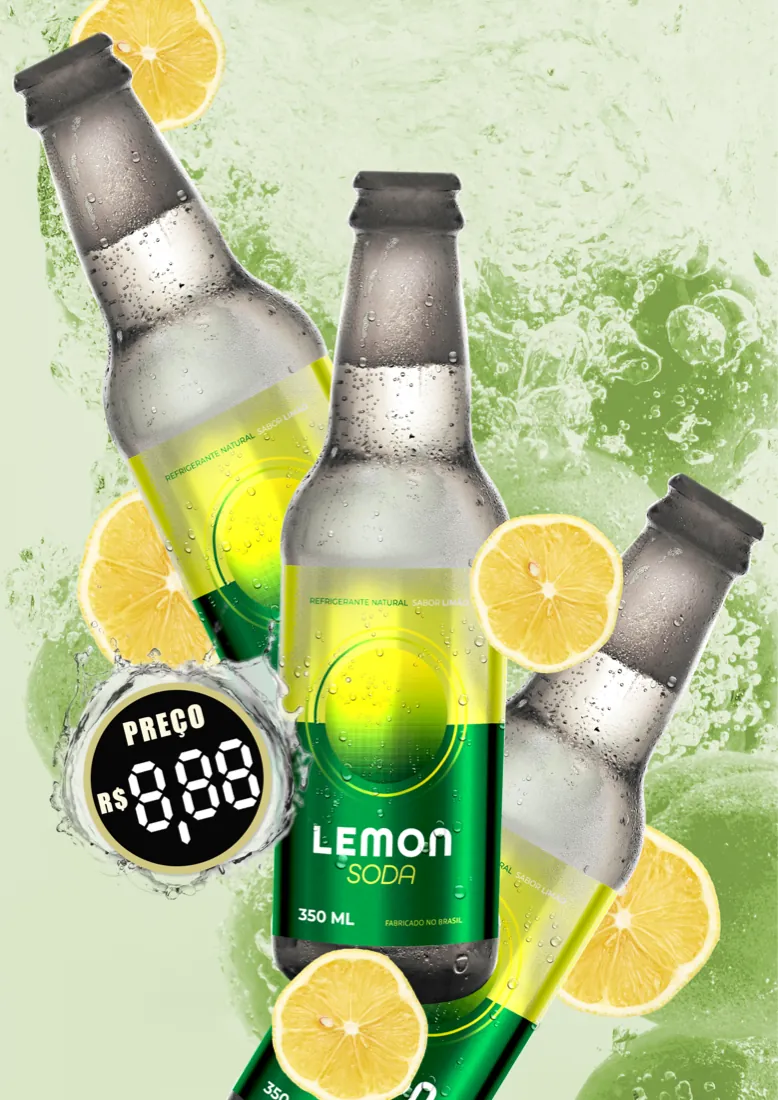 Cartaz do refrigerante Lemon Soda: garrafas verdes com limões e selo de preço
