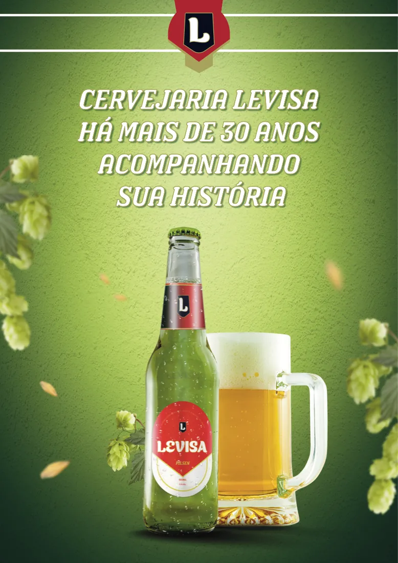 Cartaz verde da Cervejaria Levisa com garrafa e caneca de chope