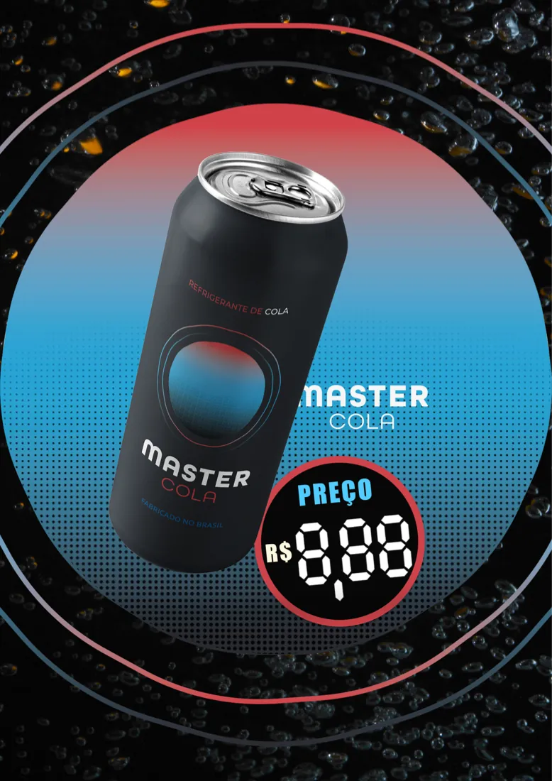 Cartaz da Master Cola: lata preta sobre círculo azul e vermelho e selo de preço