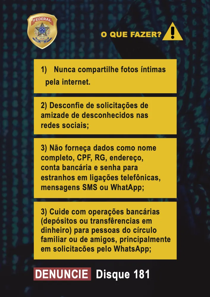 Cartaz azul-escuro com o brasão da PF e uma lista numerada: O que fazer?