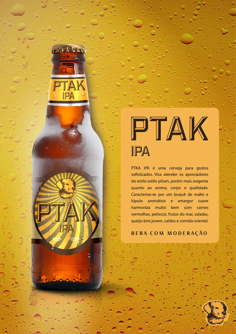 Cartaz da cerveja PTAK IPA: garrafa gelada sobre fundo âmbar com texto descritivo