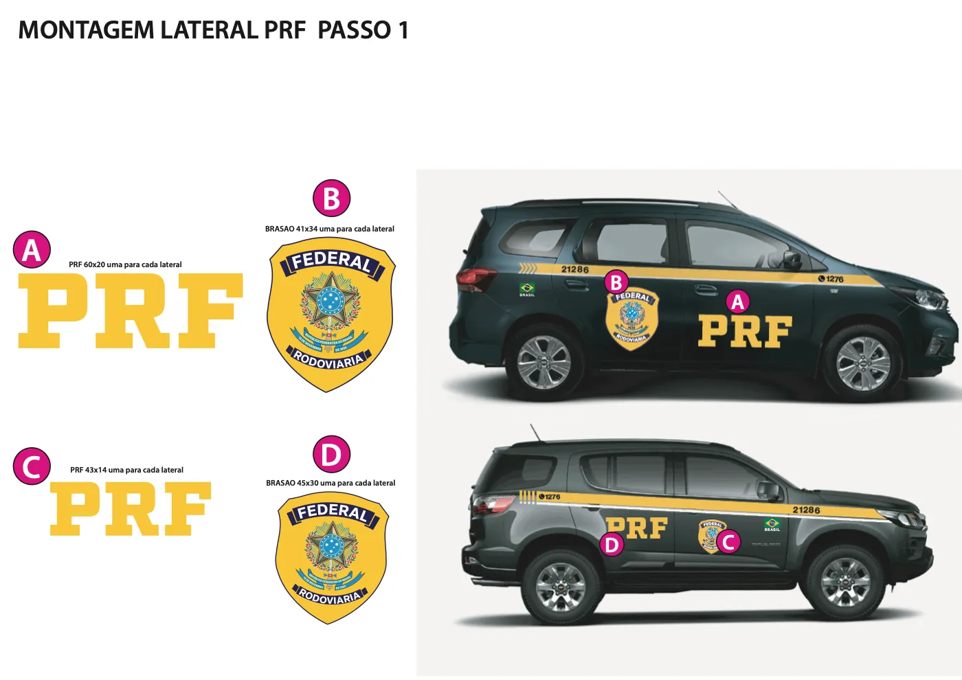 Referência de montagem da PRF: brasões e logos ao lado de fotos da viatura preta com as peças aplicadas