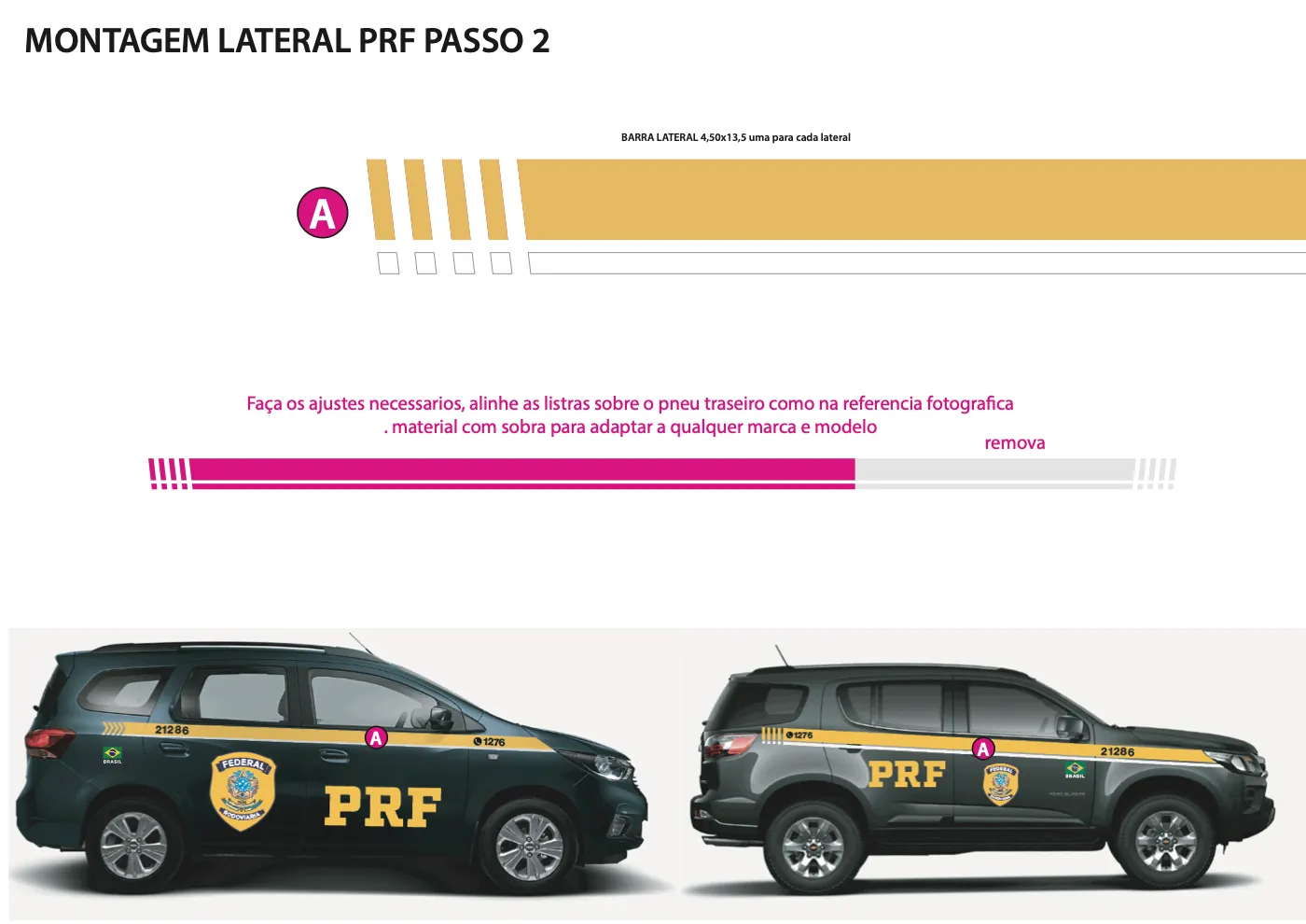 Segunda página da referência de montagem da PRF com faixas aplicadas nas viaturas