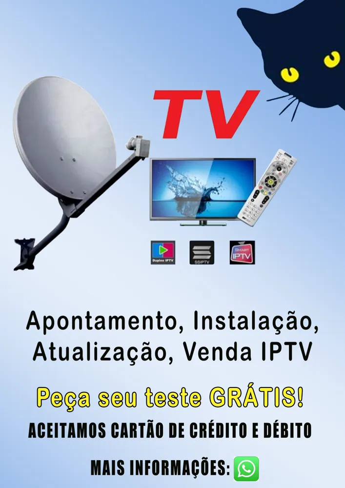Cartaz de instalação de TV e IPTV com antena parabólica e um gato preto