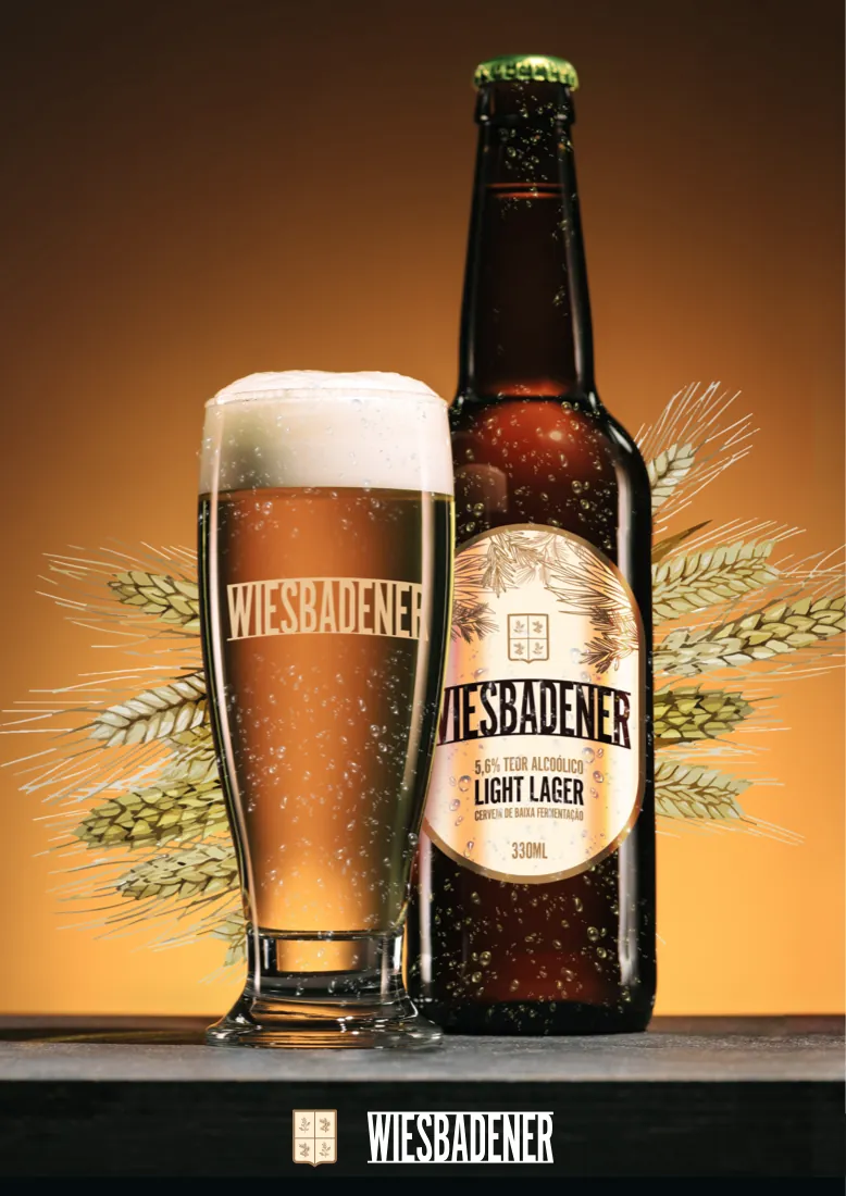 Cartaz da cerveja Wiesbadener: garrafa e copo com espuma sobre fundo escuro