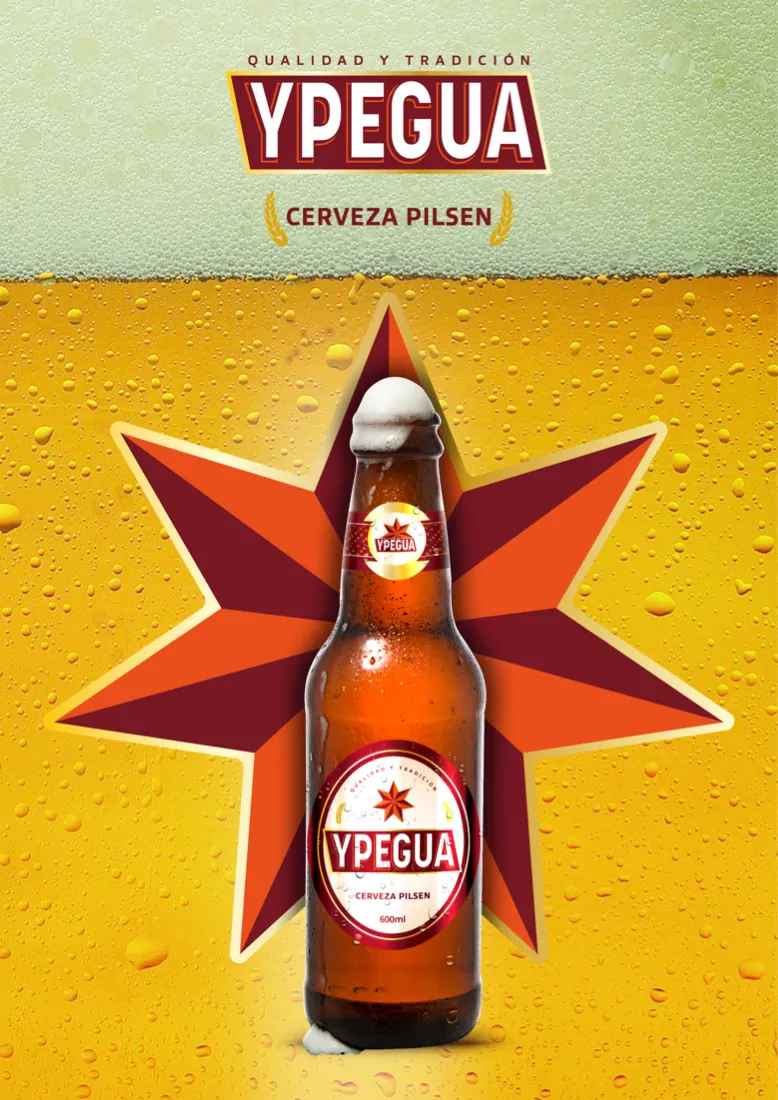 Cartaz da cerveja Ypegua: garrafa sobre estrela vermelha e fundo de cerveja com bolhas