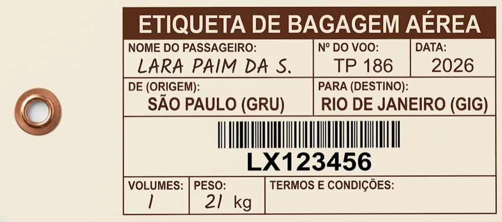 Etiqueta de bagagem creme com ilhós, código de barras e LX123456