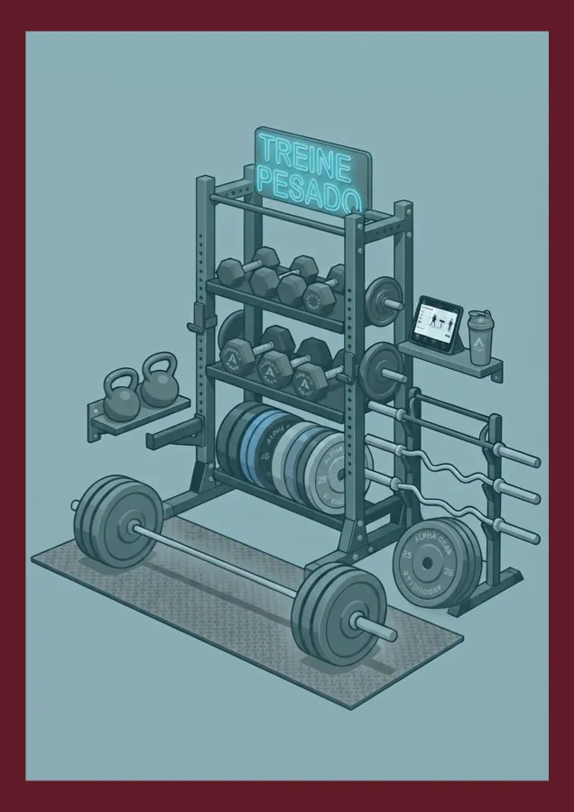 Pôster ilustrado de um rack de anilhas e halteres, moldura vinho