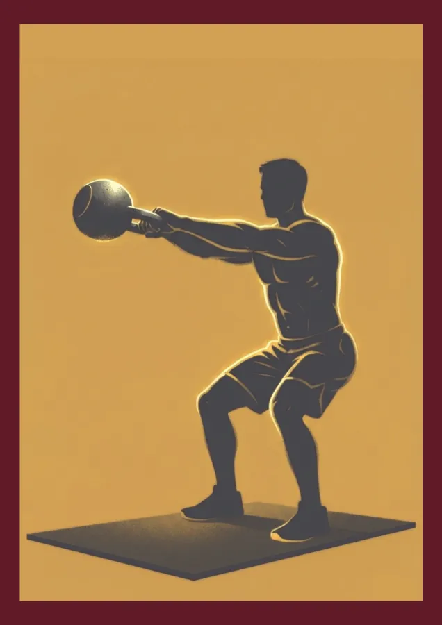 Pôster ilustrado de um homem com kettlebell sobre fundo amarelo