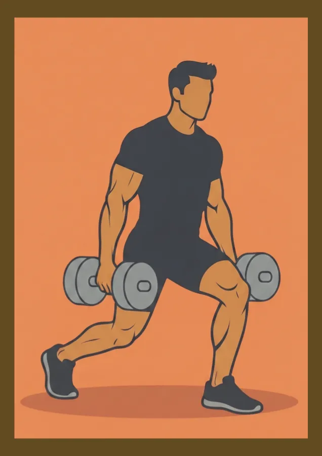 Pôster ilustrado de um homem fazendo avanço com halteres sobre laranja